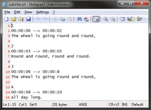 A screen shot of a subtitle file open in Notepad software