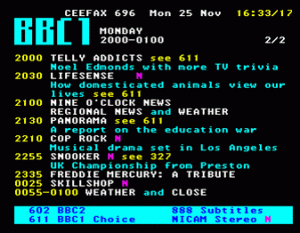 A screenshot of a BBC Ceefax page (the BBC's version of Teletext)